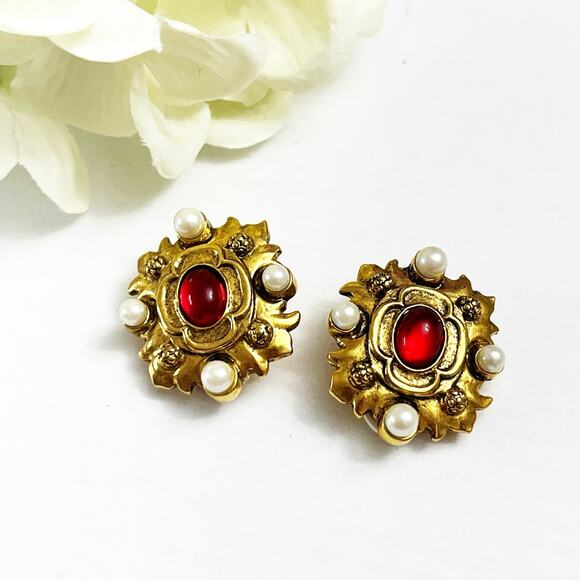 Vatican Library Collection Vintage Red Stone Pearl Gold Baroque Clip Earrings - Picture 2 of 5